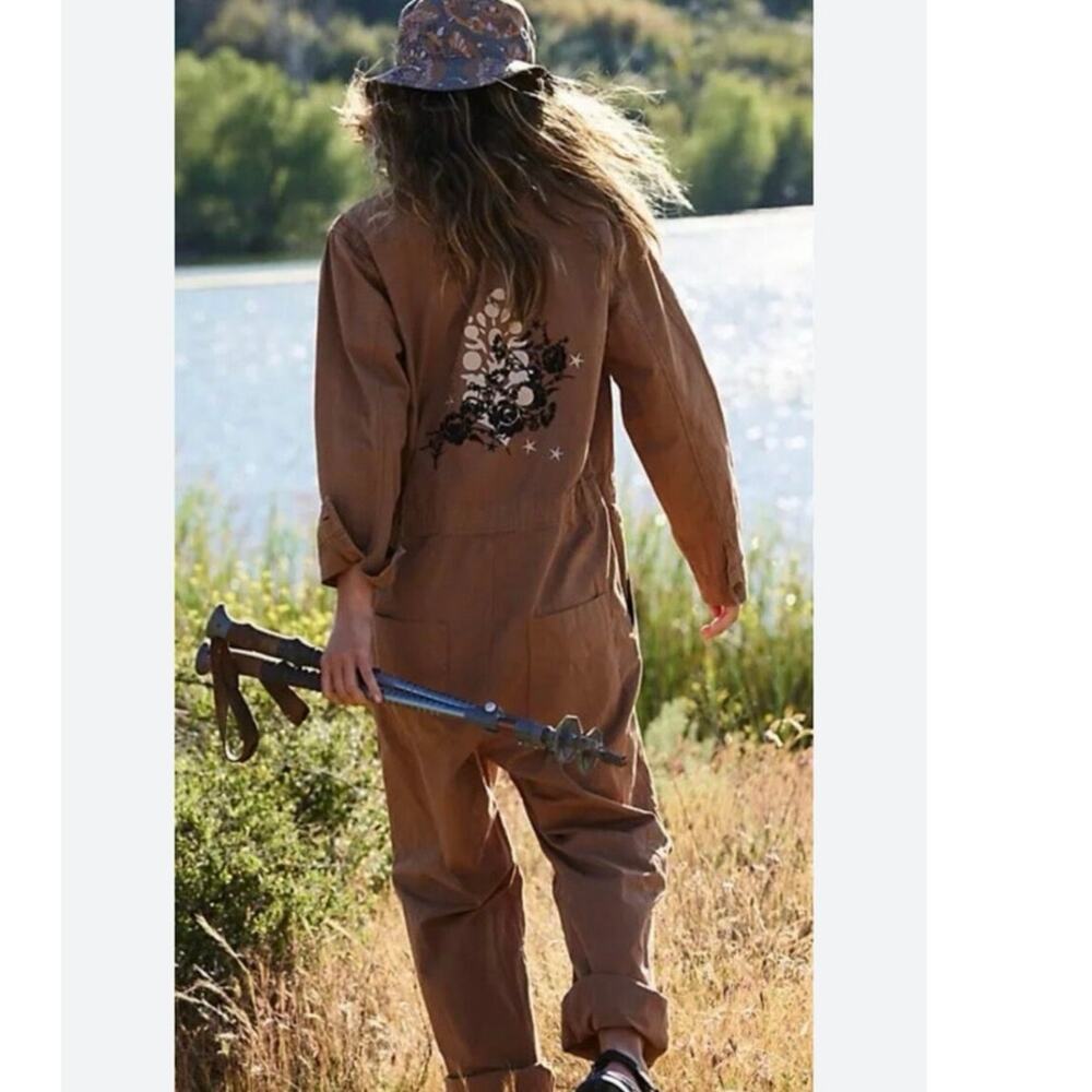 Free People Brown Utility Jumpsuit with Floral Back Print